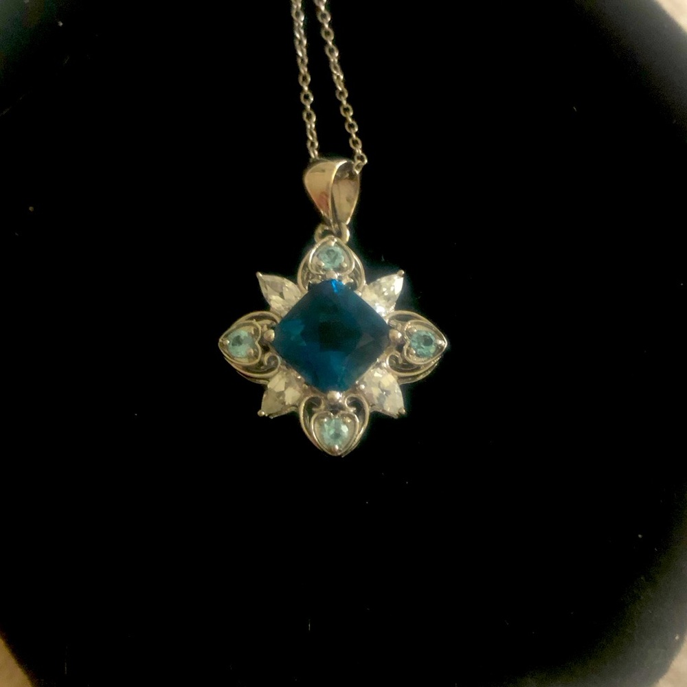 JTV Sapphire Topaz starburst pendant necklace .925 sterling silver chain HP!